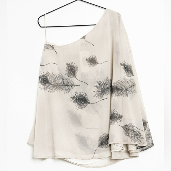 Vintage Y2K Topshop Cream/Black Flutter One Shoulder Feather Blouse Size 4/Small - Picture 9 of 10